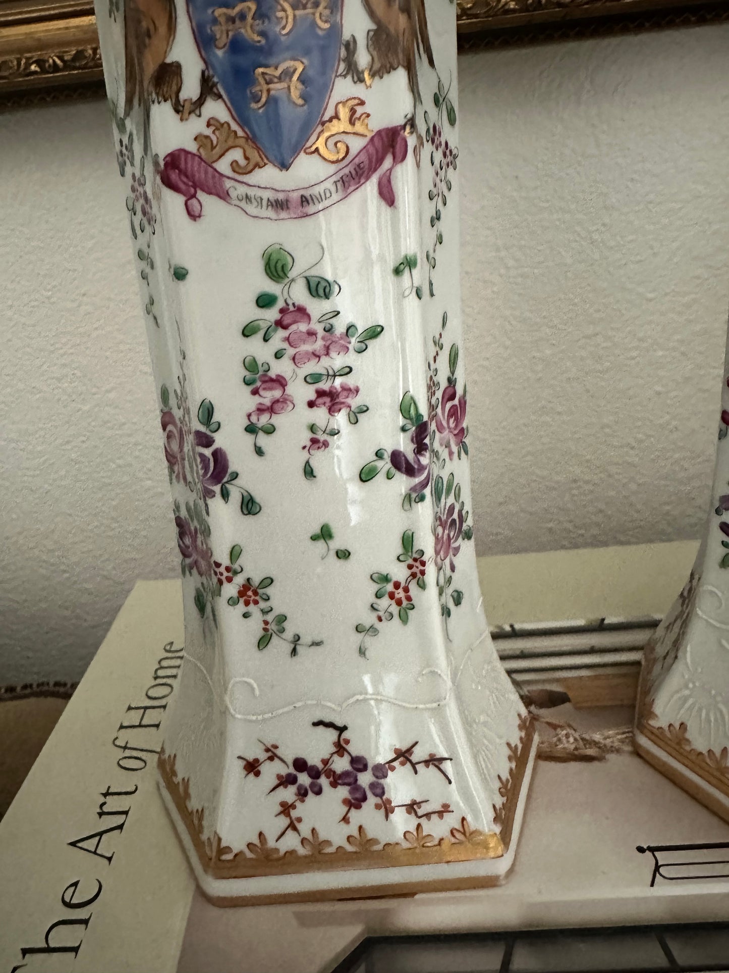 Pair of Early 20th Century Porcelaine de Paris Armorial Hexagonal Vases | Chinese Export Revival