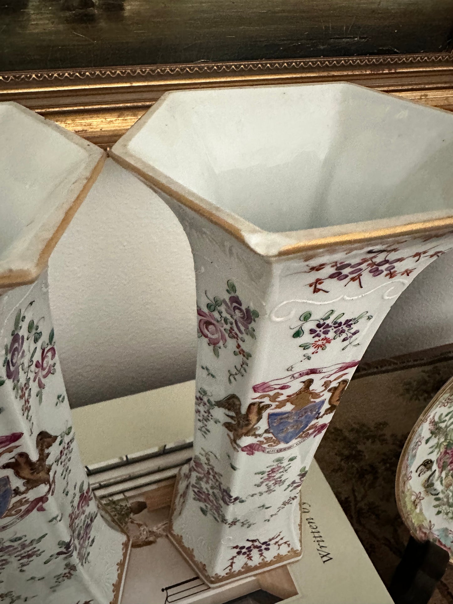 Pair of Early 20th Century Porcelaine de Paris Armorial Hexagonal Vases | Chinese Export Revival