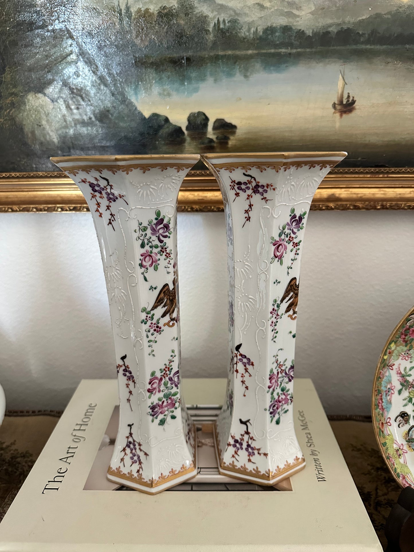 Pair of Early 20th Century Porcelaine de Paris Armorial Hexagonal Vases | Chinese Export Revival