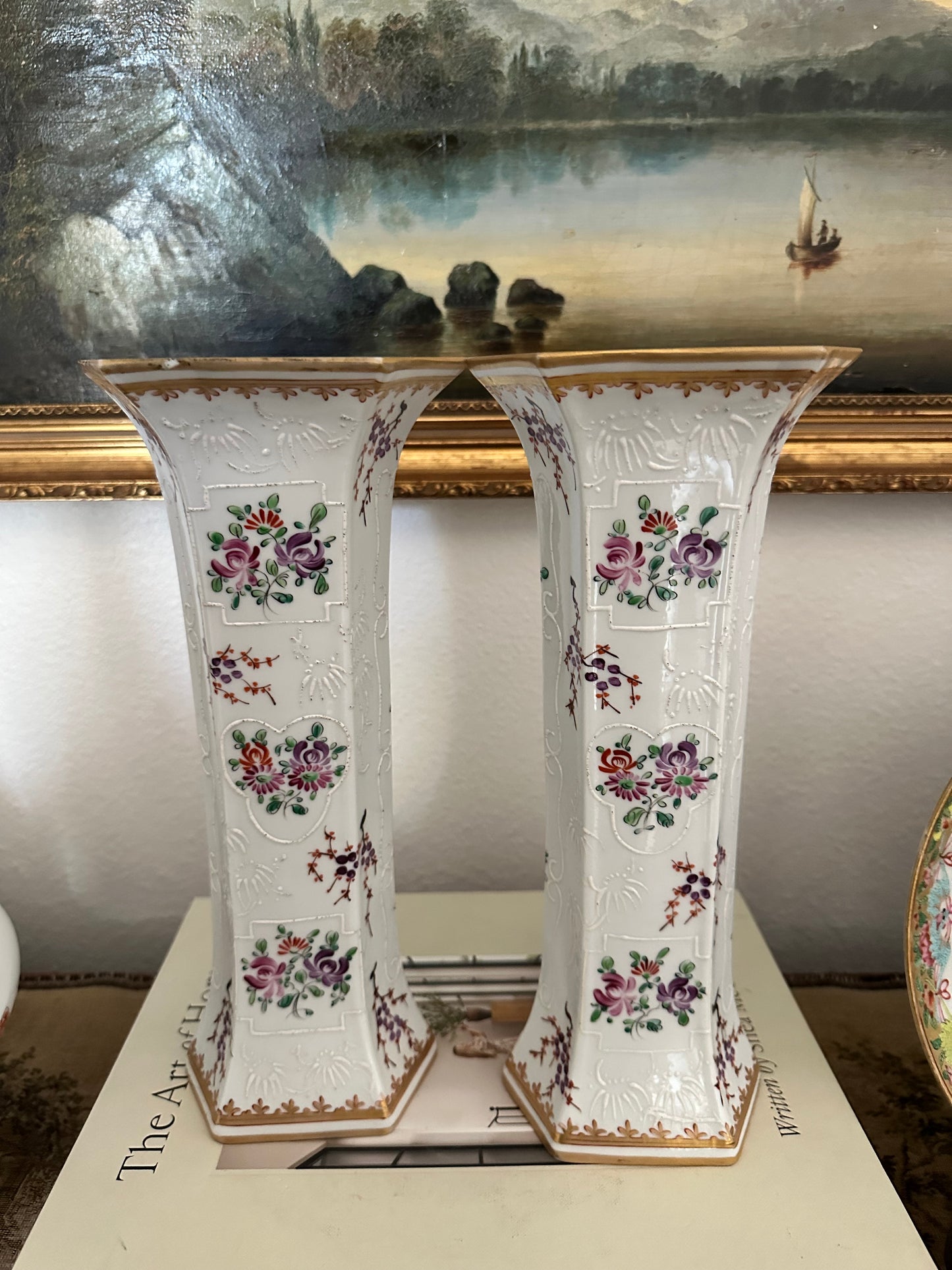 Pair of Early 20th Century Porcelaine de Paris Armorial Hexagonal Vases | Chinese Export Revival