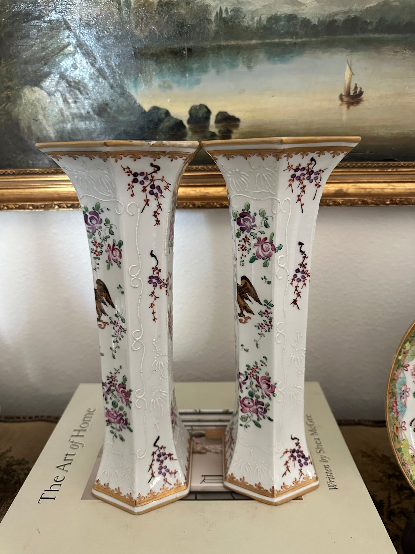 Pair of Early 20th Century Porcelaine de Paris Armorial Hexagonal Vases | Chinese Export Revival