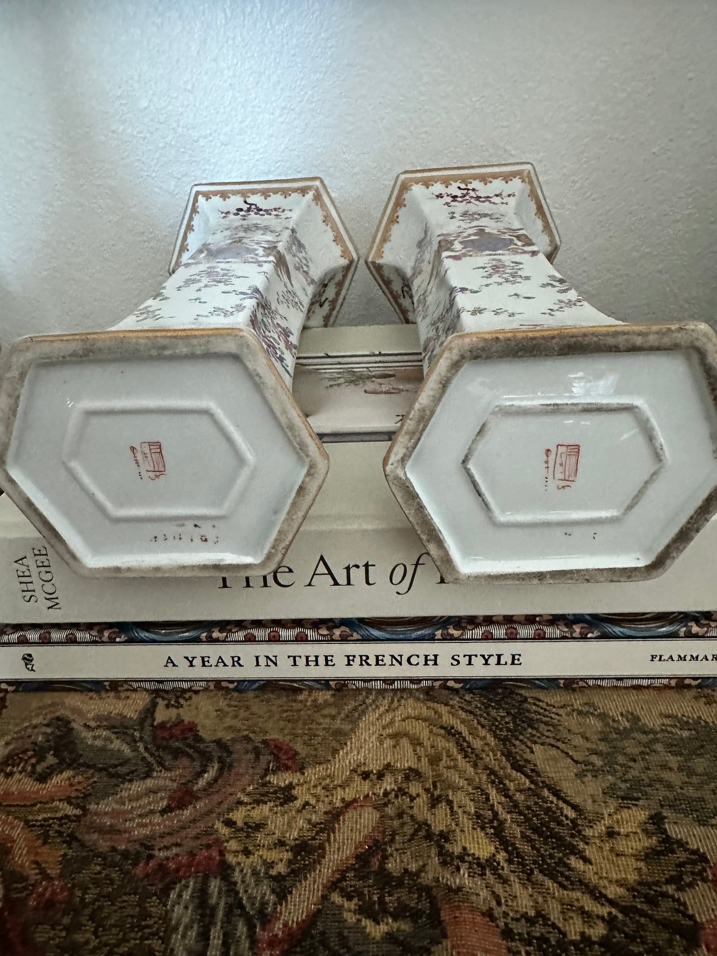 Pair of Early 20th Century Porcelaine de Paris Armorial Hexagonal Vases | Chinese Export Revival
