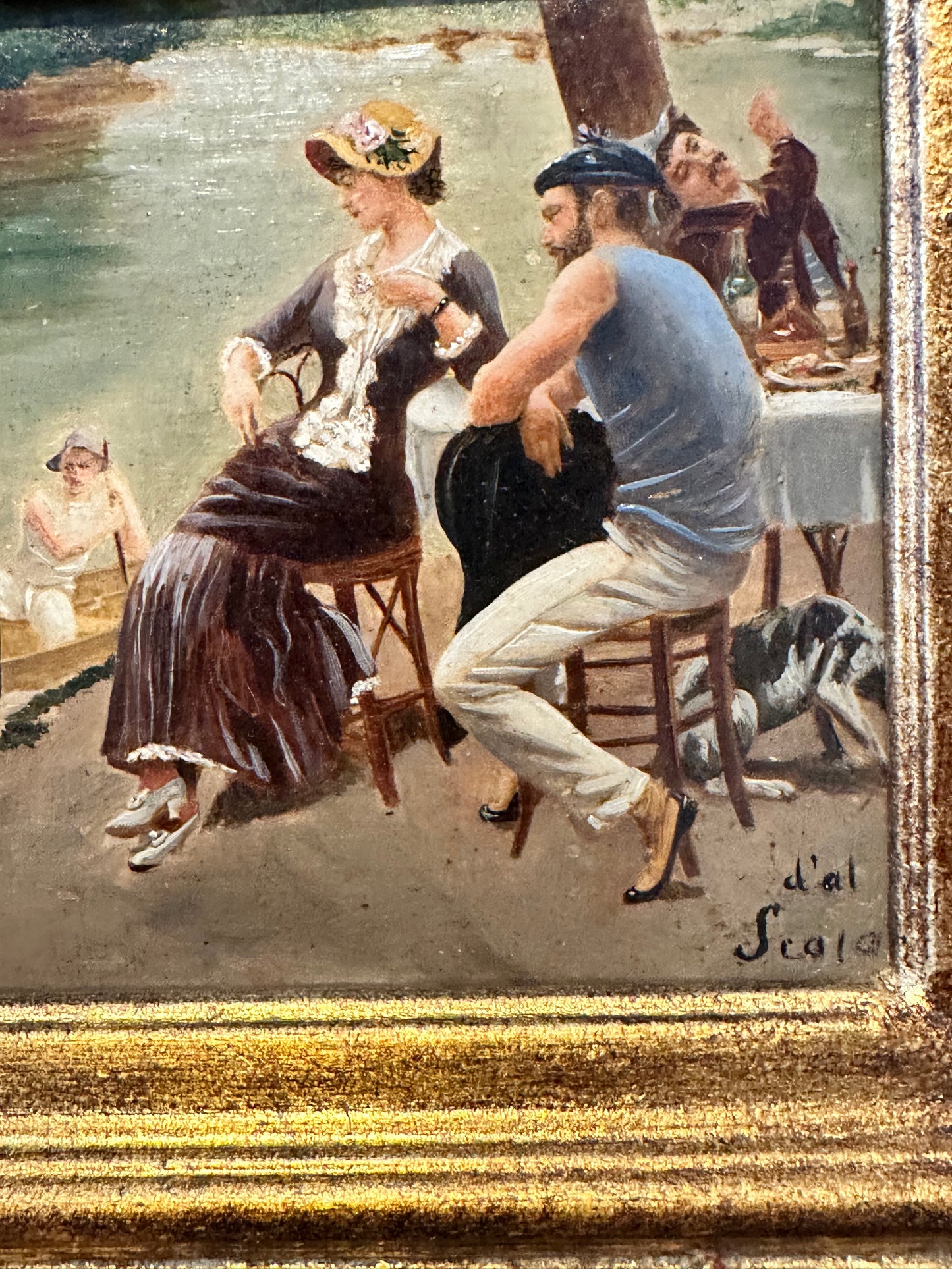 European Genre Scene Painting in Gilt Frame, Signed “d’al Scala”