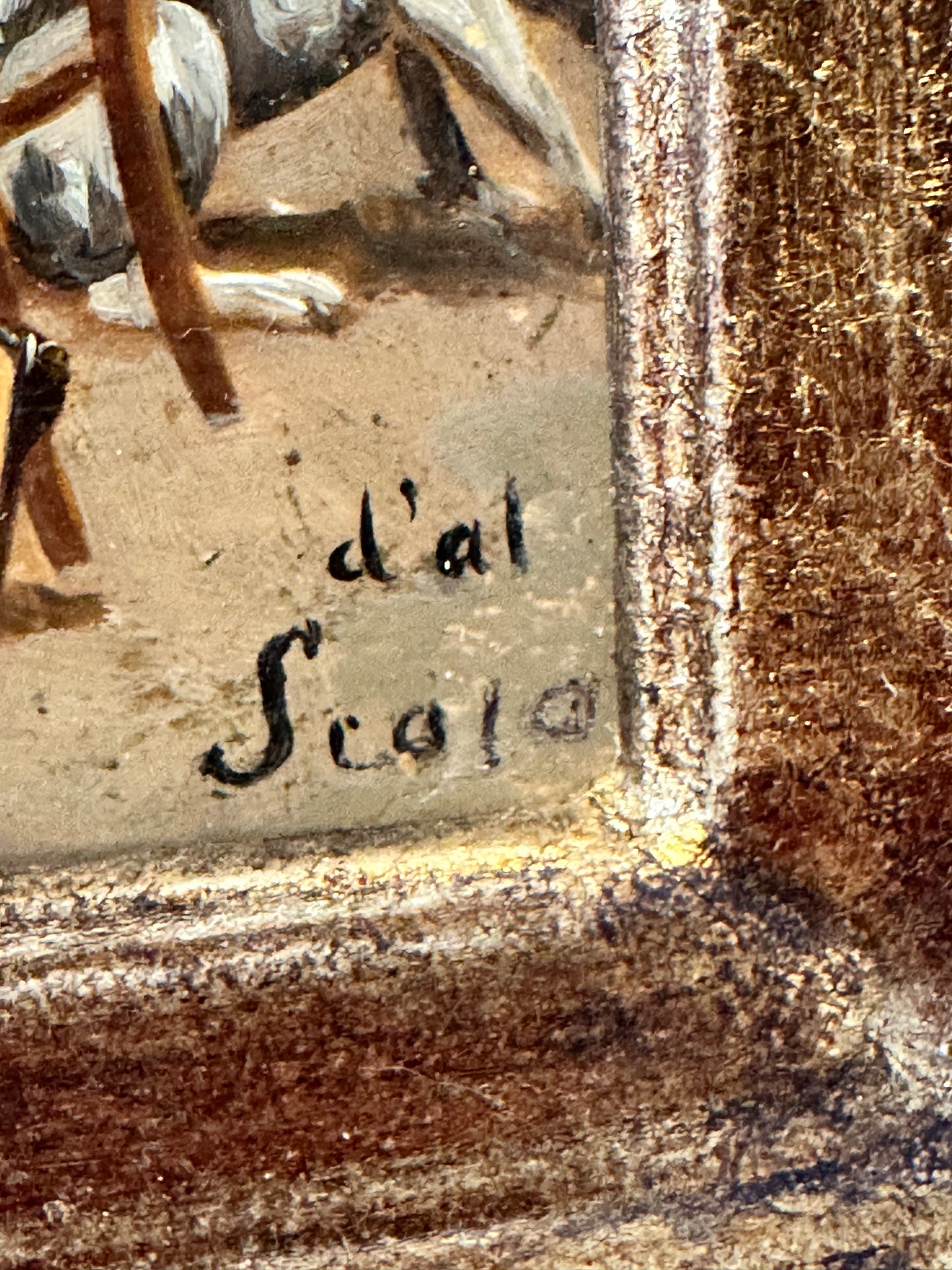 European Genre Scene Painting in Gilt Frame, Signed “d’al Scala”