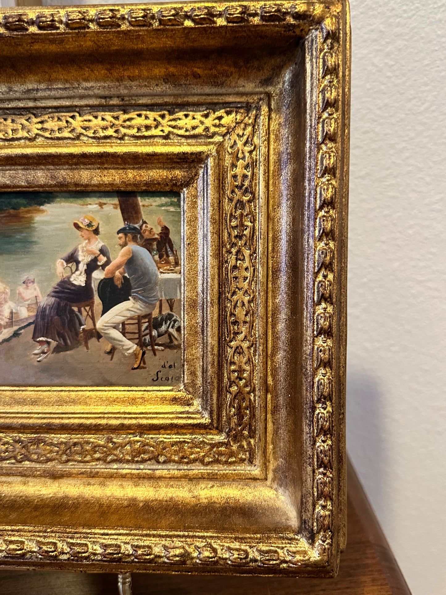 European Genre Scene Painting in Gilt Frame, Signed “d’al Scala”