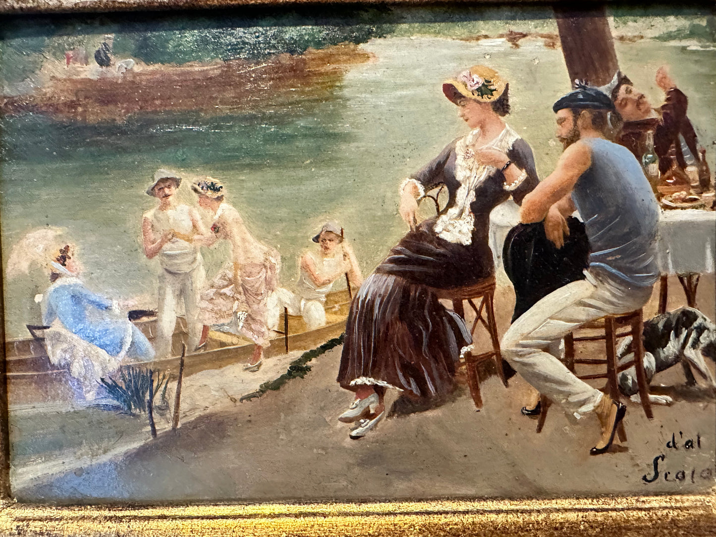 European Genre Scene Painting in Gilt Frame, Signed “d’al Scala”