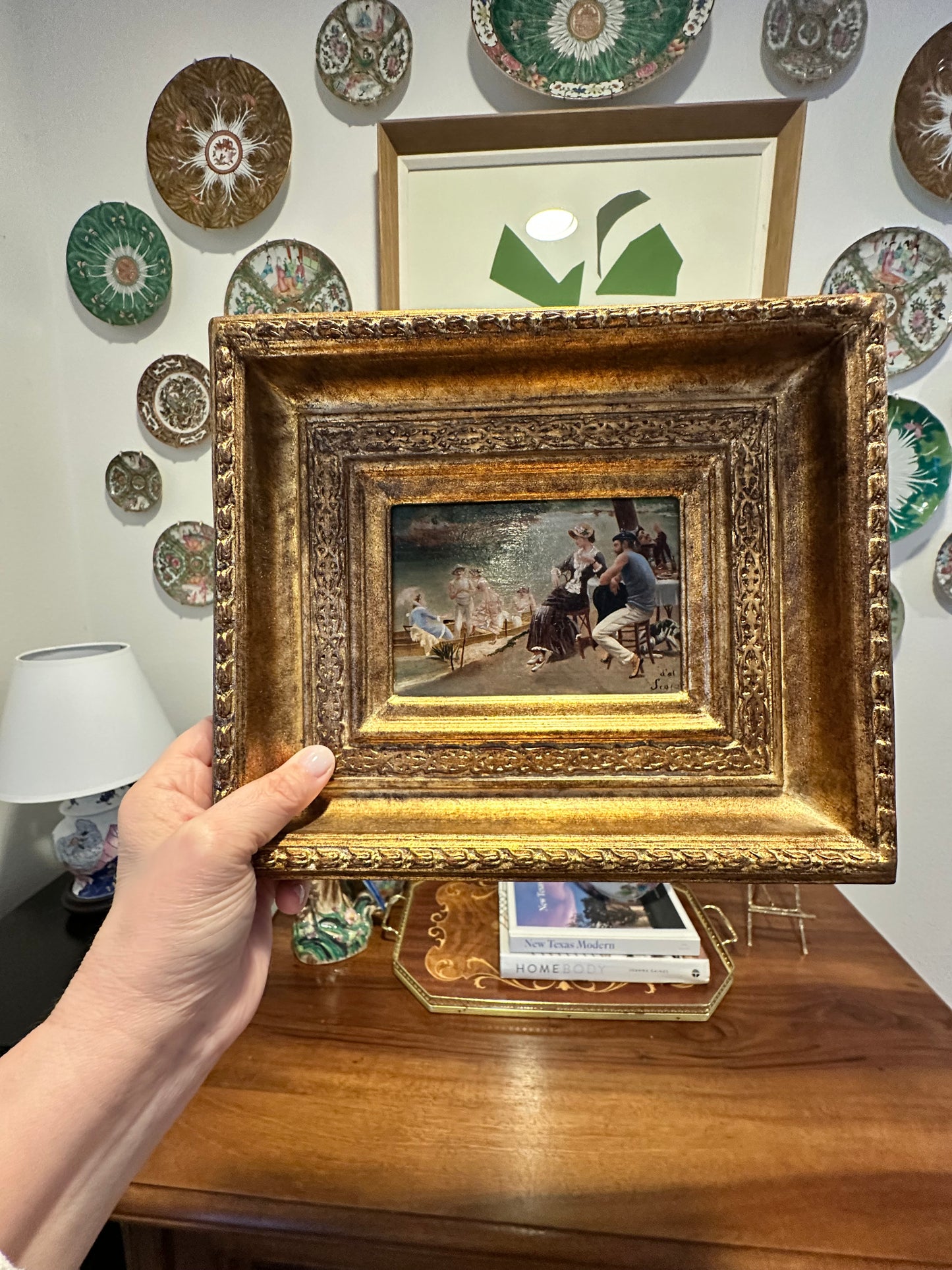 European Genre Scene Painting in Gilt Frame, Signed “d’al Scala”