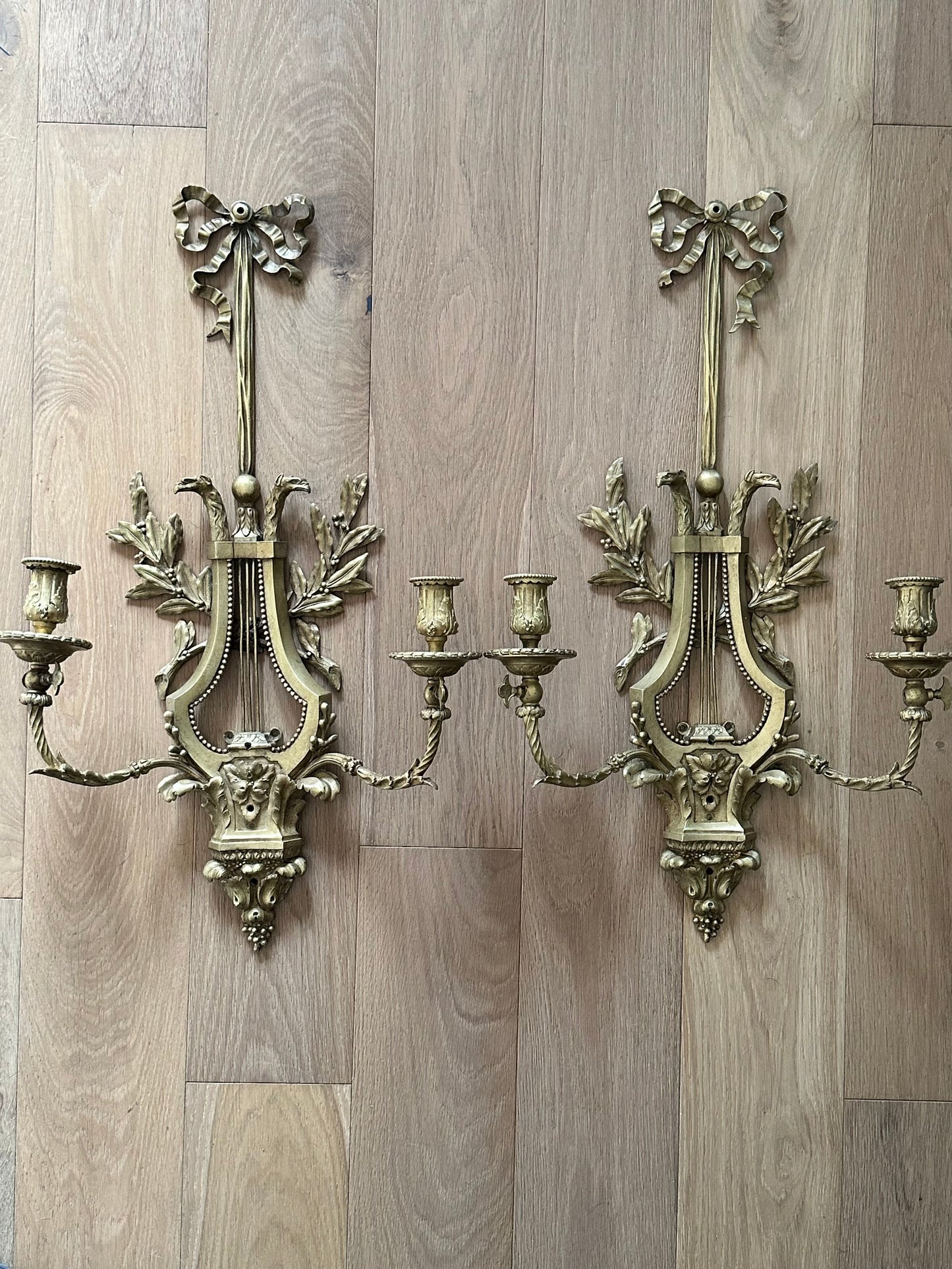 Pair of Antique French Louis XVI Style Ormolu Gilt Bronze Lyre Wall Sconces