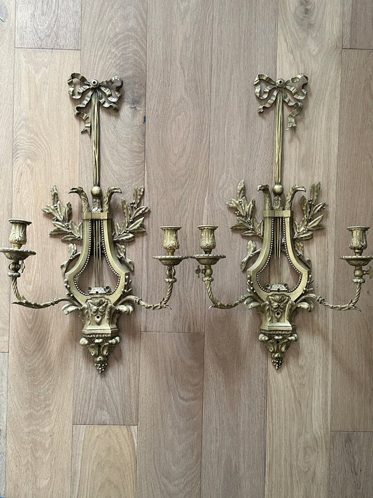 Pair of Antique French Louis XVI Style Ormolu Gilt Bronze Lyre Wall Sconces