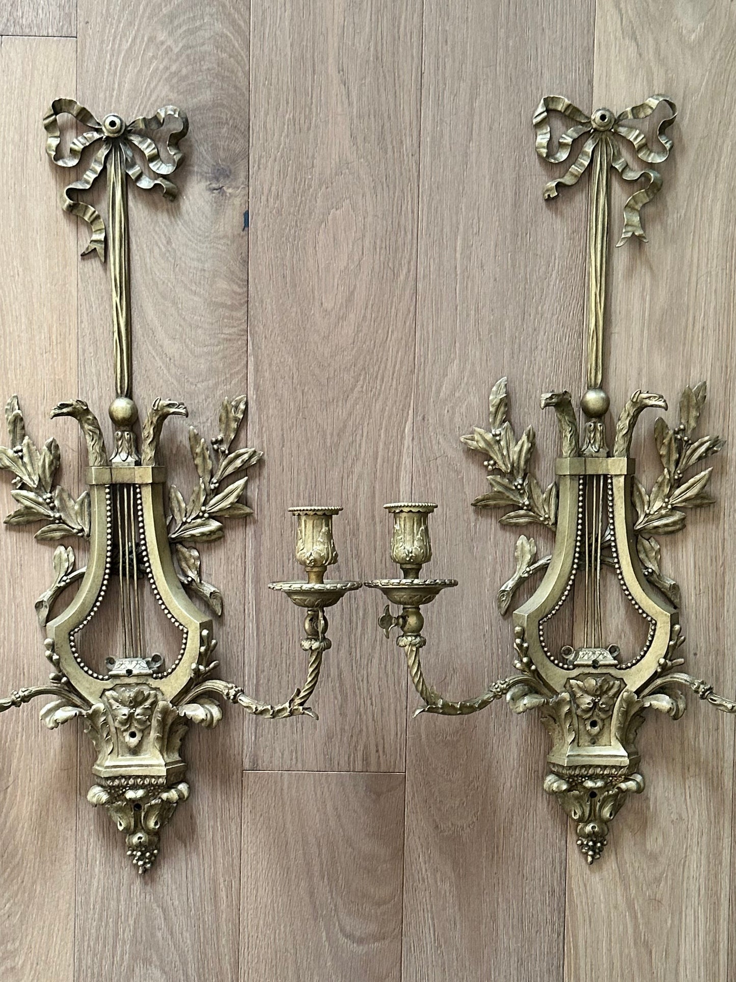 Pair of Antique French Louis XVI Style Ormolu Gilt Bronze Lyre Wall Sconces