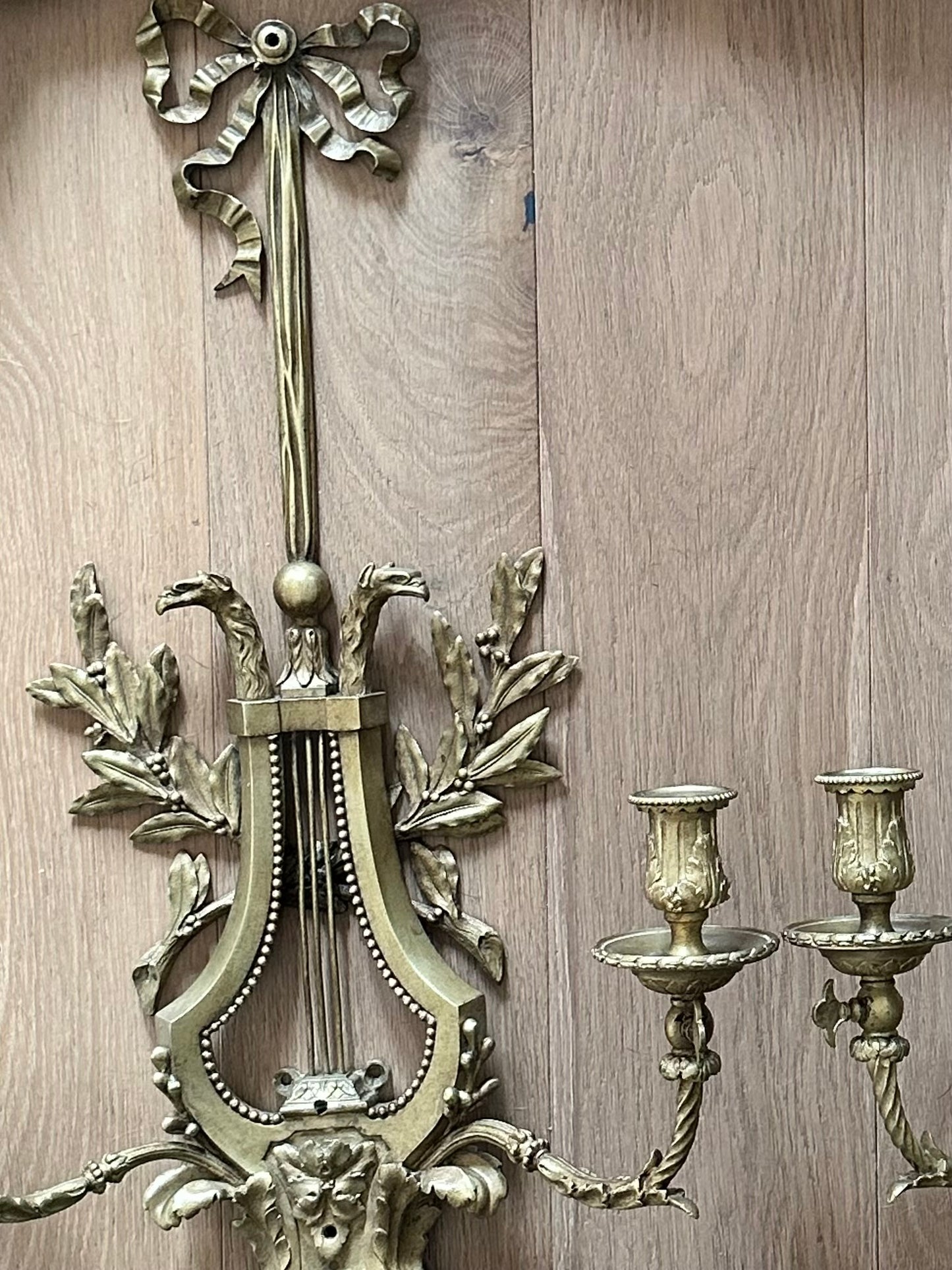 Pair of Antique French Louis XVI Style Ormolu Gilt Bronze Lyre Wall Sconces