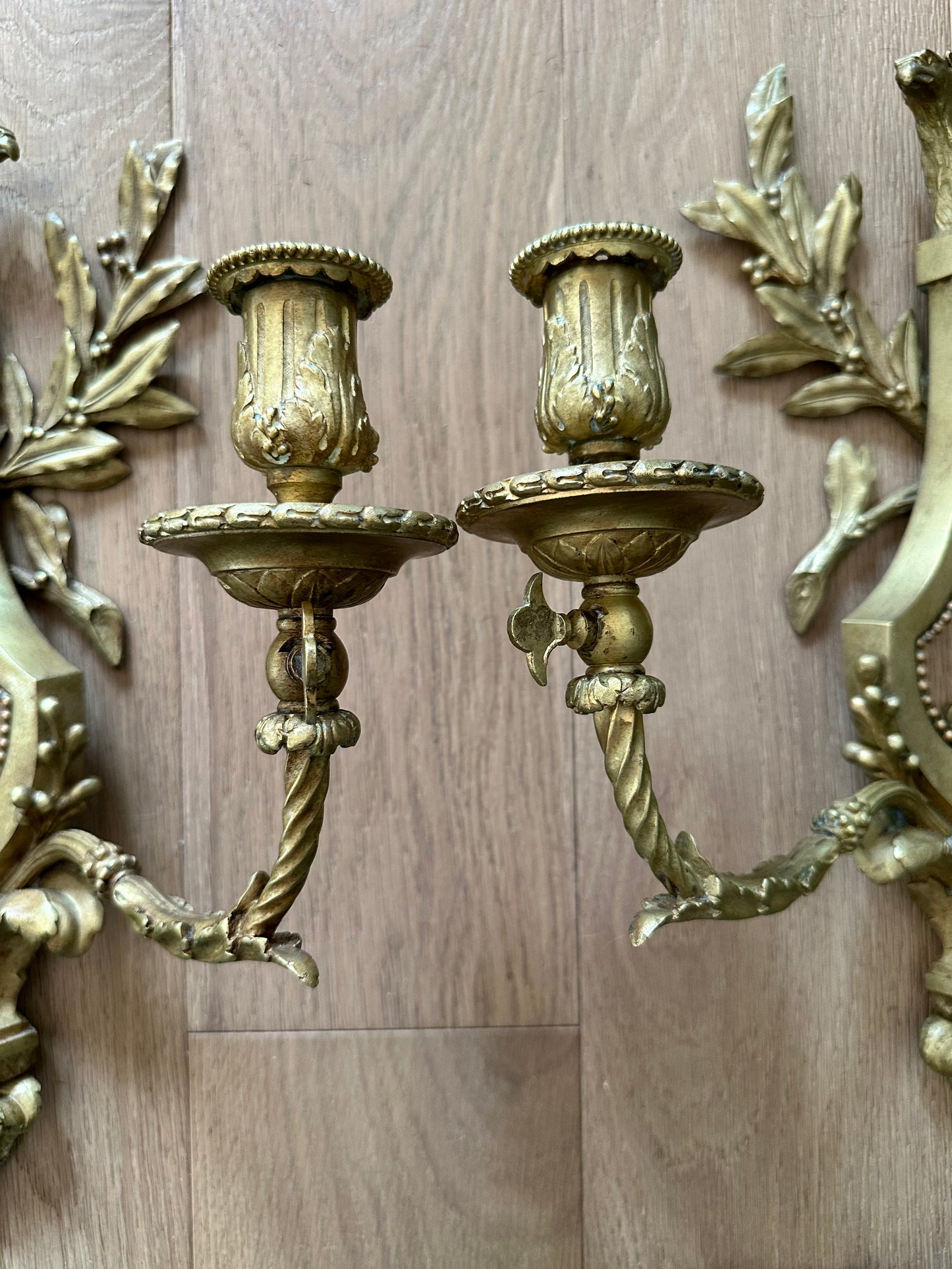 Pair of Antique French Louis XVI Style Ormolu Gilt Bronze Lyre Wall Sconces