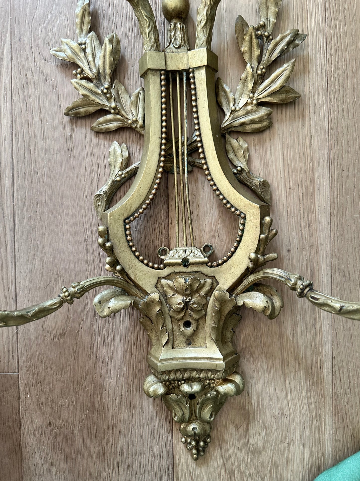 Pair of Antique French Louis XVI Style Ormolu Gilt Bronze Lyre Wall Sconces
