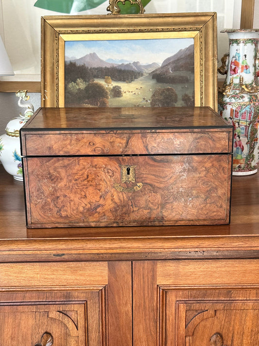 Large Antique Burl Wood Writing Slope / Writing Box with Inkwells