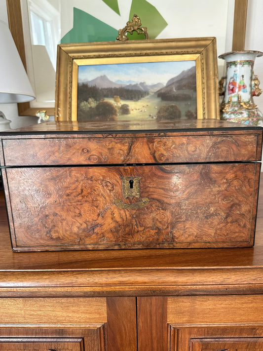 Large Antique Burl Wood Writing Slope / Writing Box with Inkwells