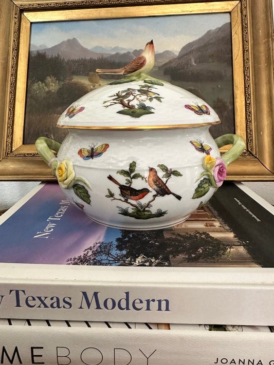 Herend Rothschild Lidded Bean Pot with Bird Finial