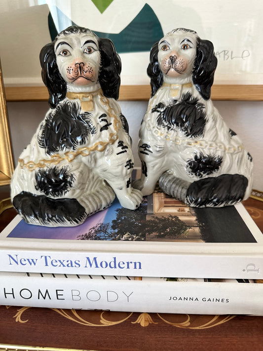 Vintage Pair of Staffordshire-Style Spaniel Dogs - Black & White Ceramic