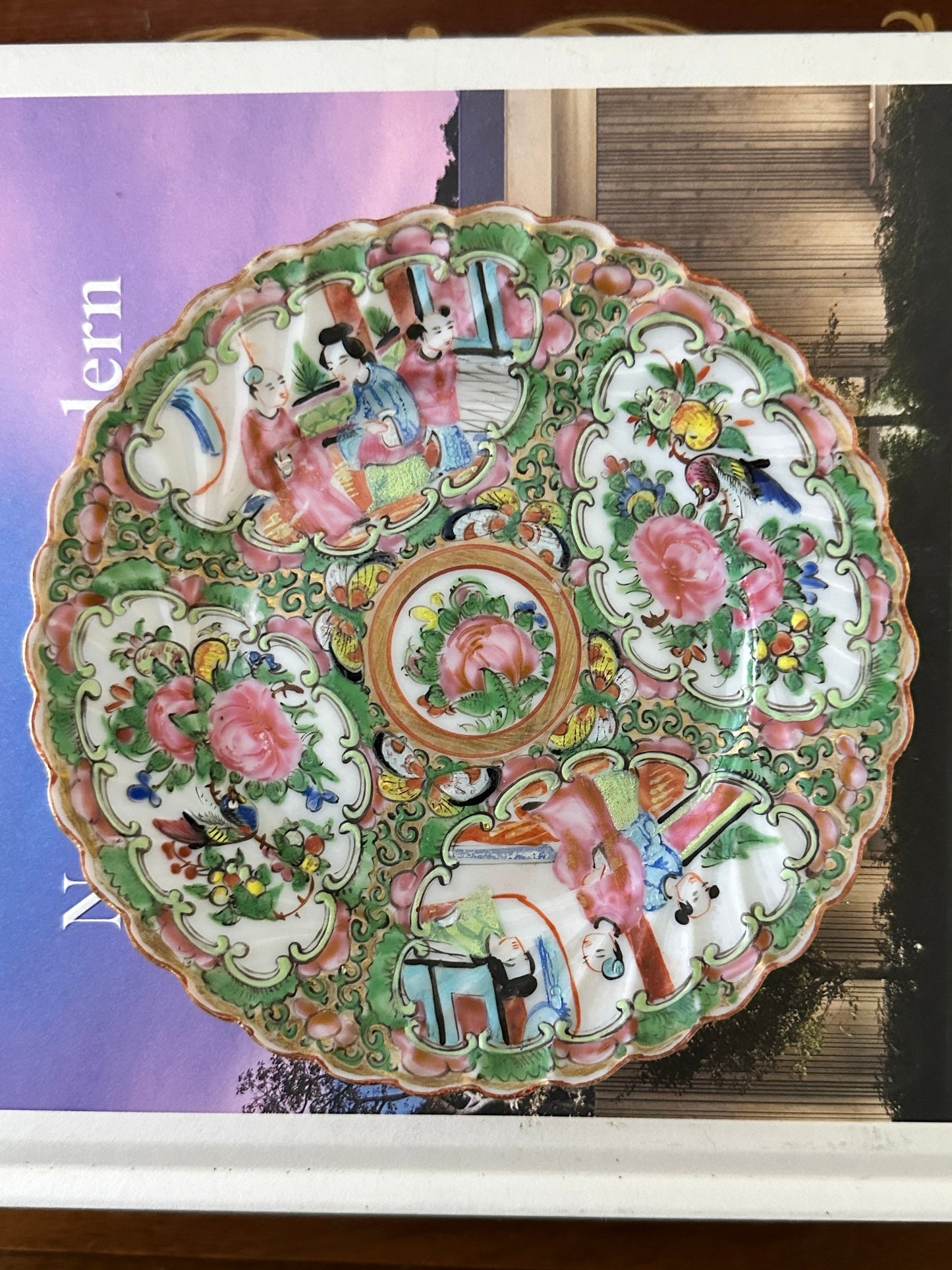 Antique Chinese Rose Medallion Scalloped Plate, 6”