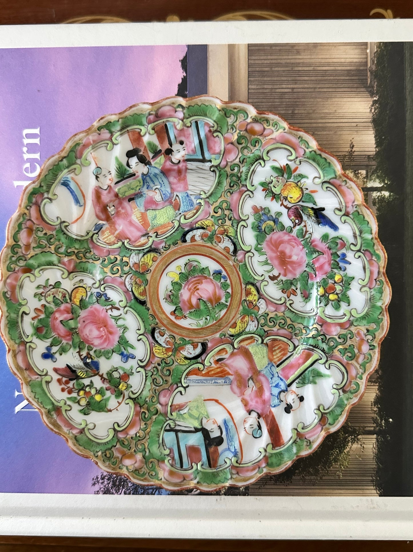 Antique Chinese Rose Medallion Scalloped Plate, 6”