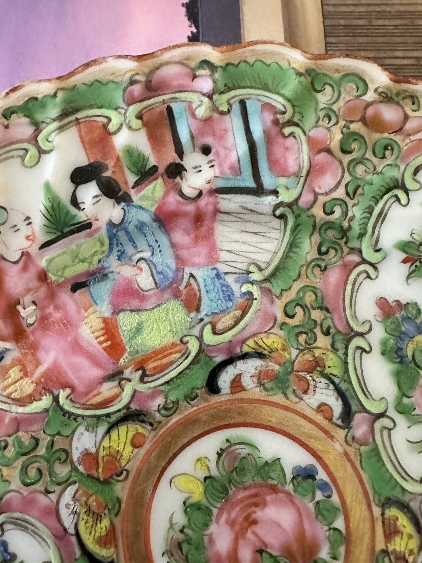 Antique Chinese Rose Medallion Scalloped Plate, 6”