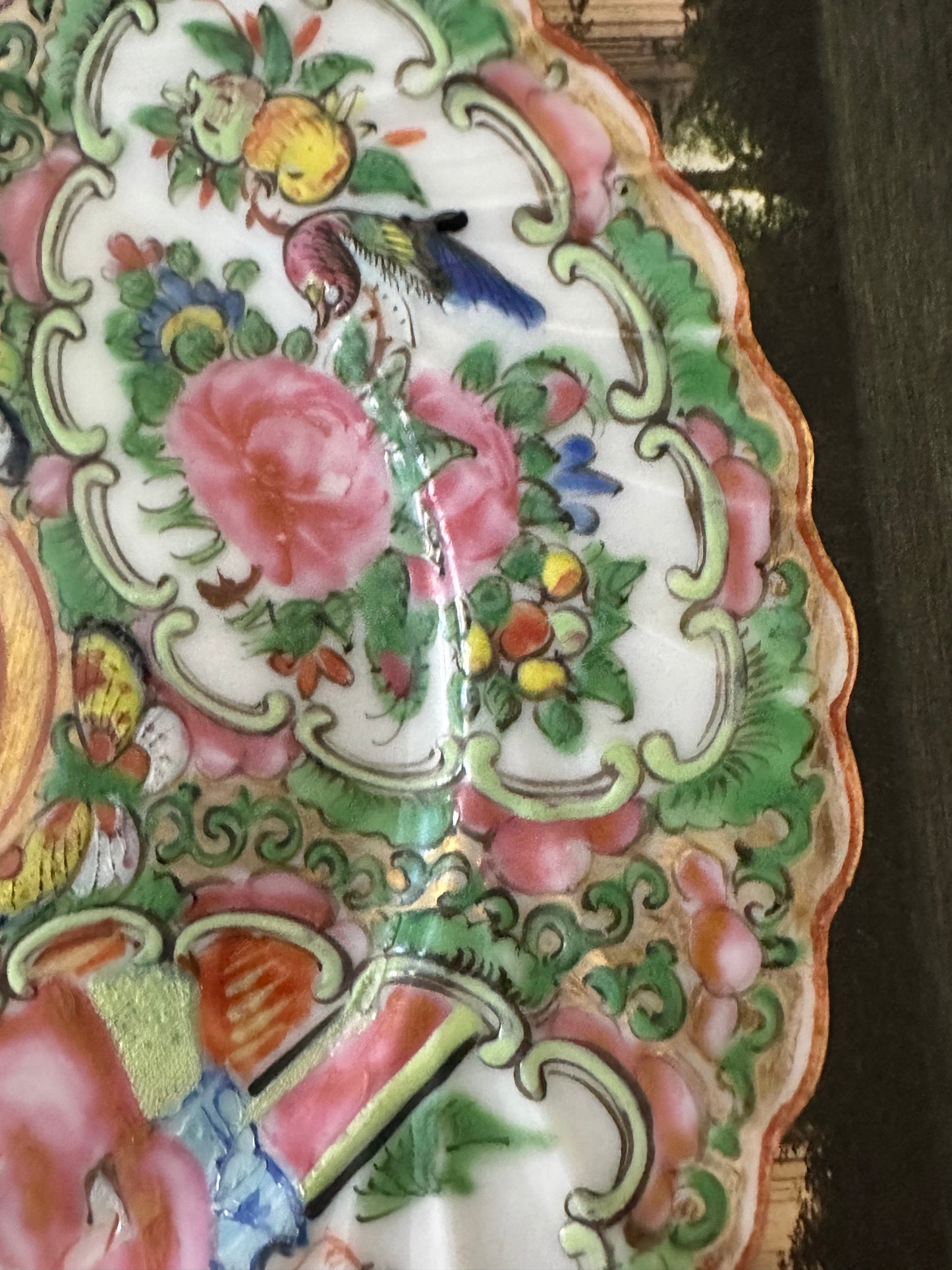 Antique Chinese Rose Medallion Scalloped Plate, 6”