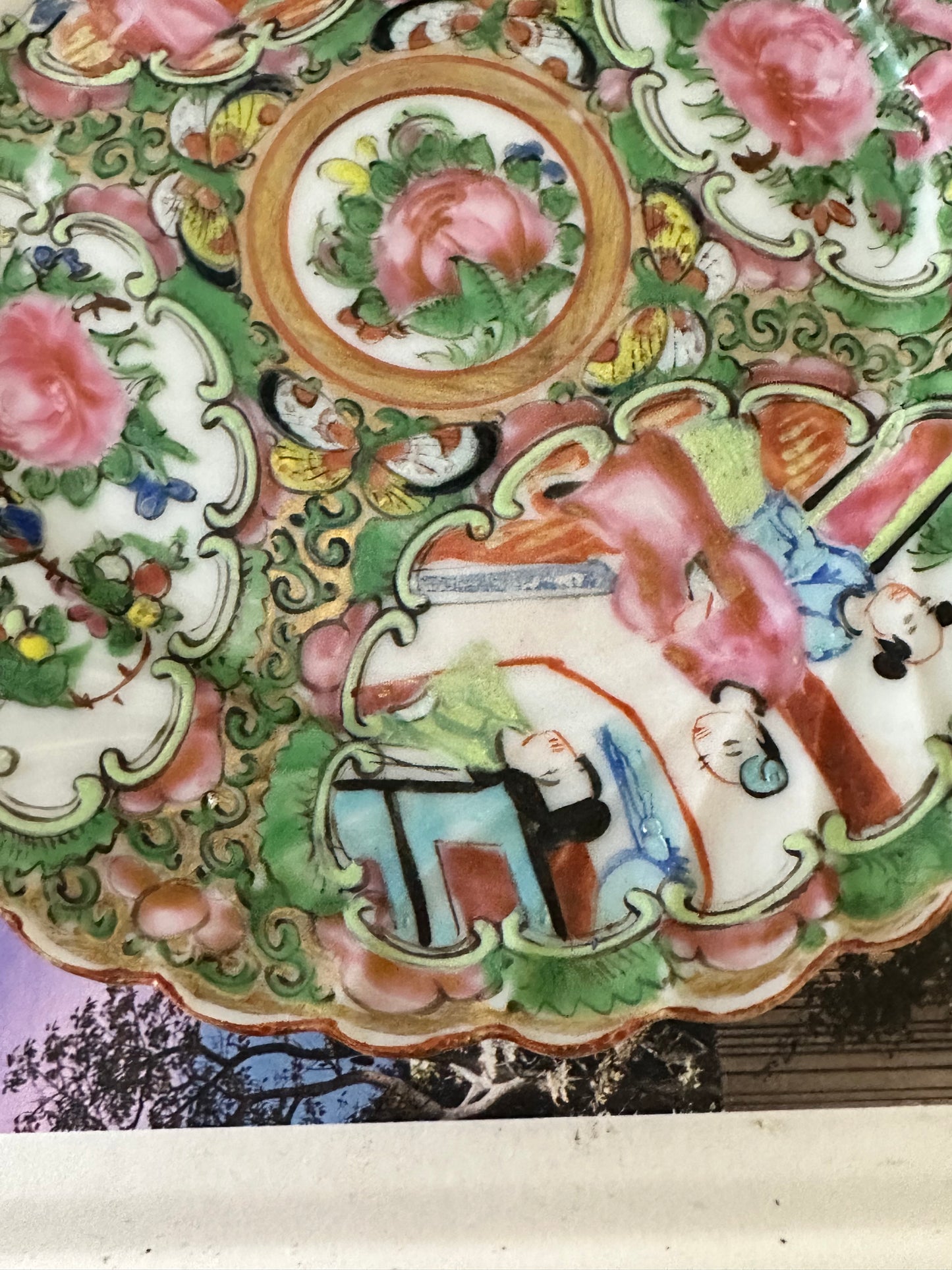 Antique Chinese Rose Medallion Scalloped Plate, 6”