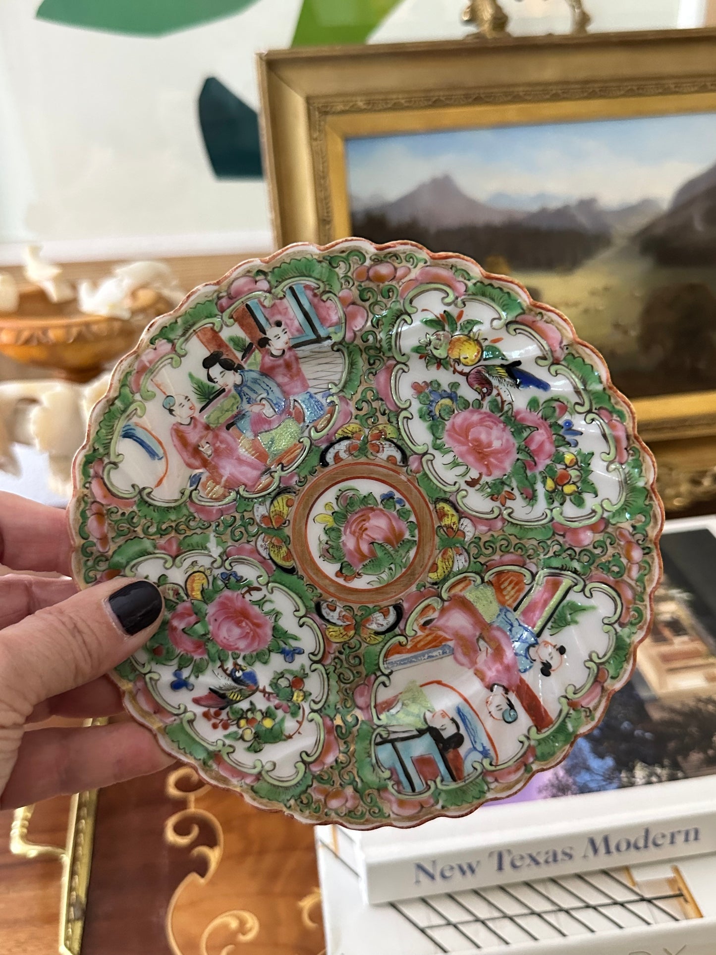 Antique Chinese Rose Medallion Scalloped Plate, 6”