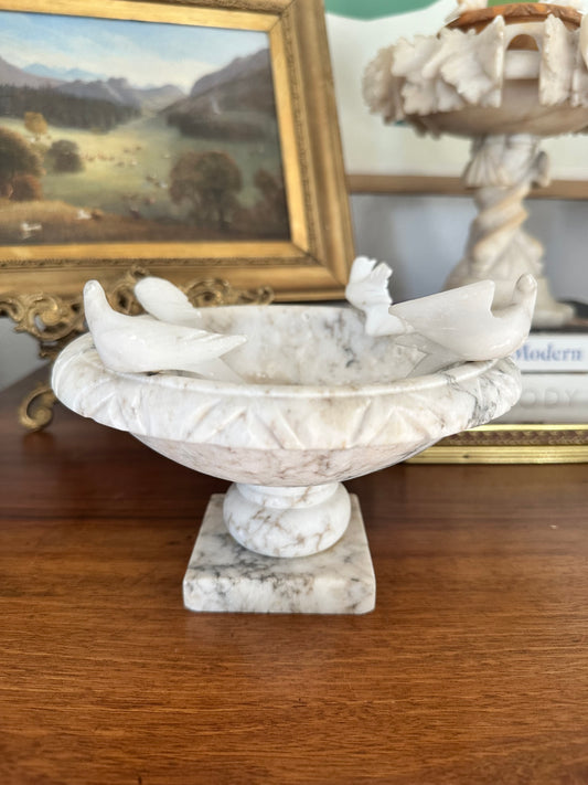 Vintage Alabaster Birdbath with Carved Birds