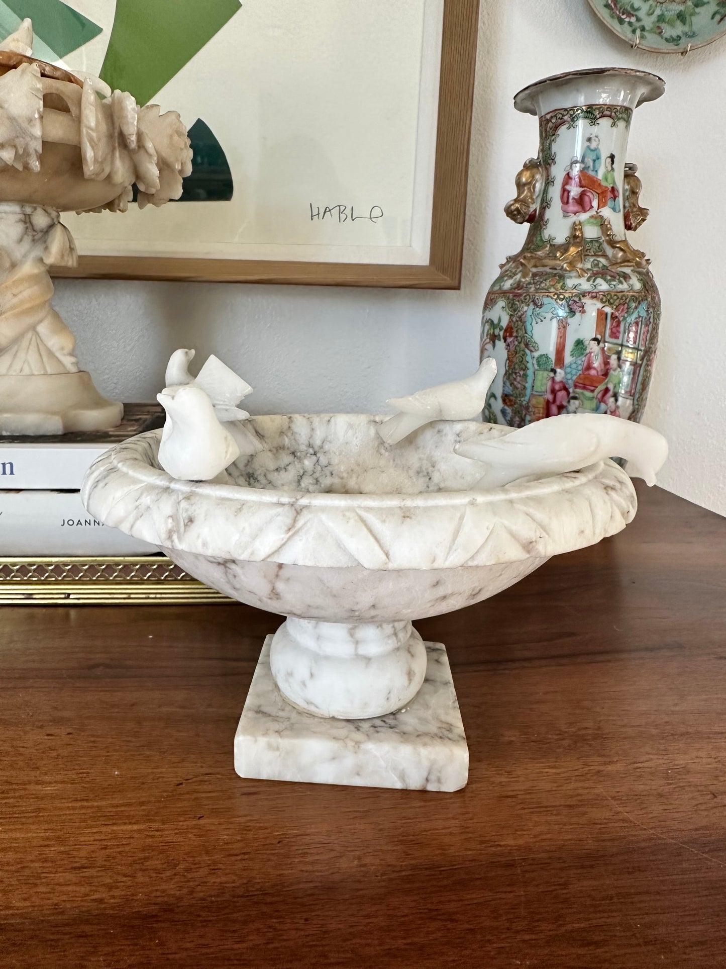 Vintage Alabaster Birdbath with Carved Birds