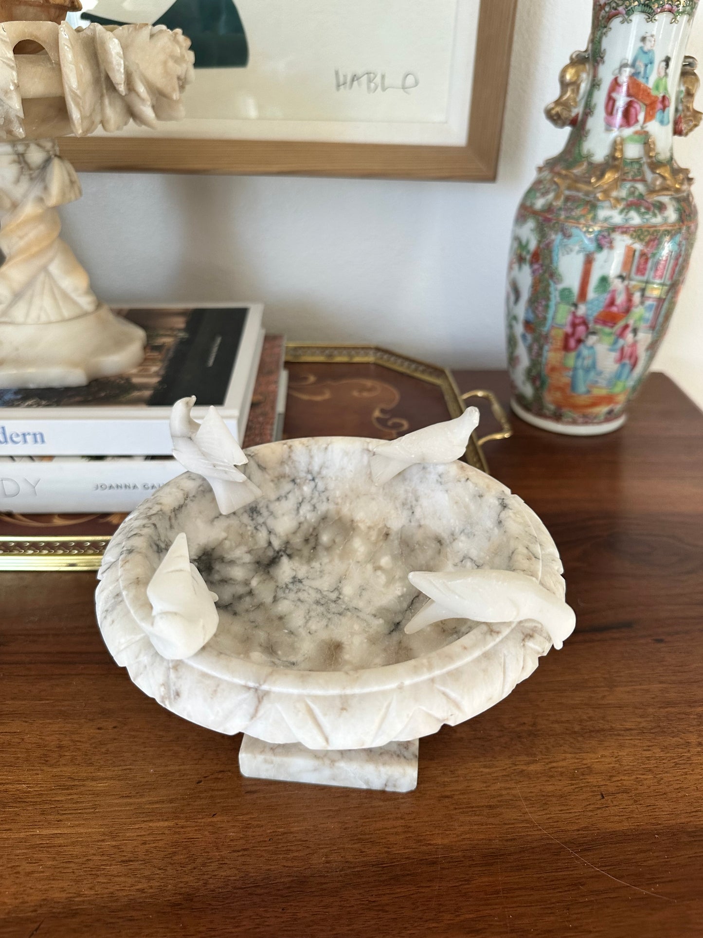 Vintage Alabaster Birdbath with Carved Birds
