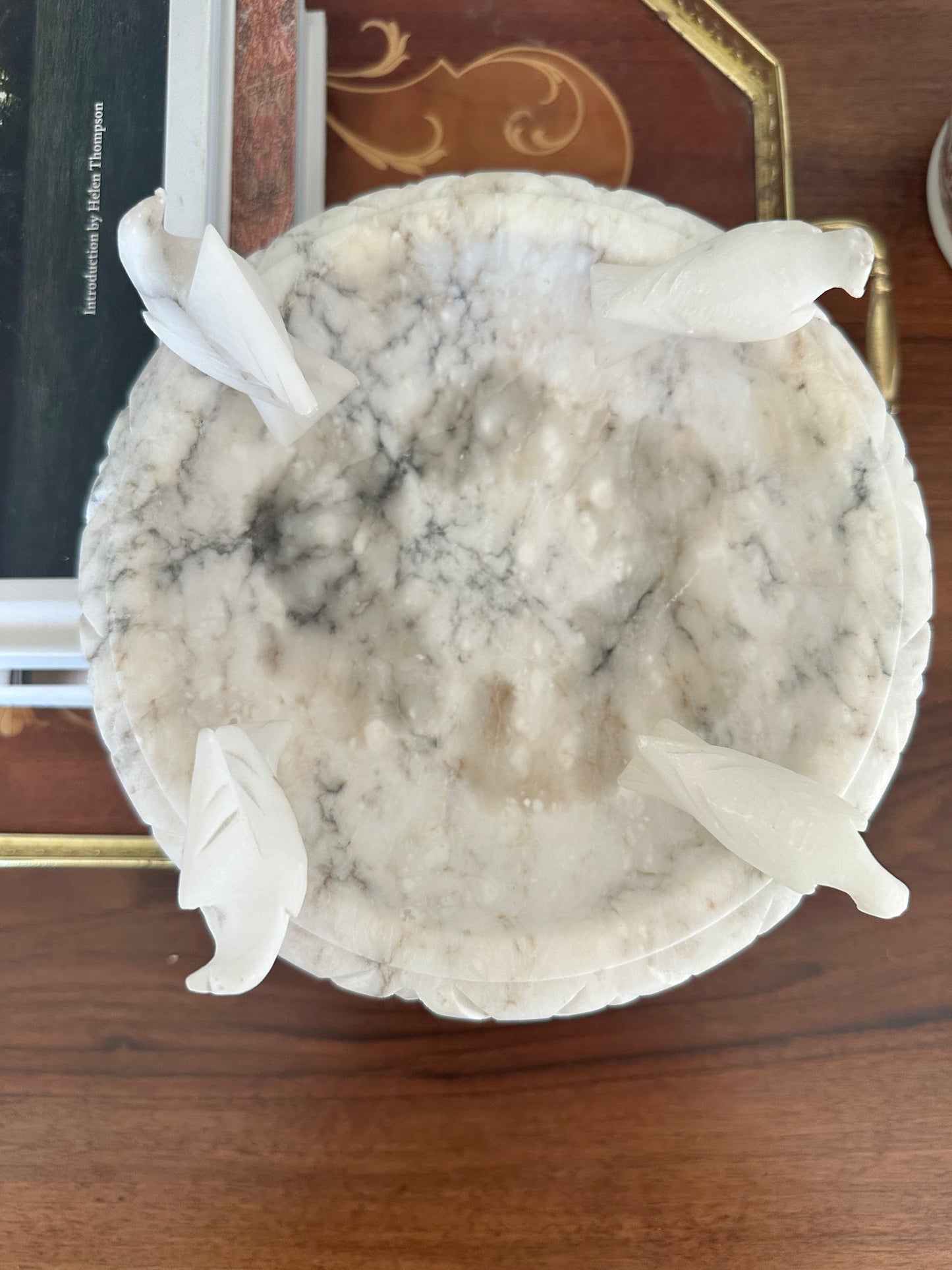 Vintage Alabaster Birdbath with Carved Birds