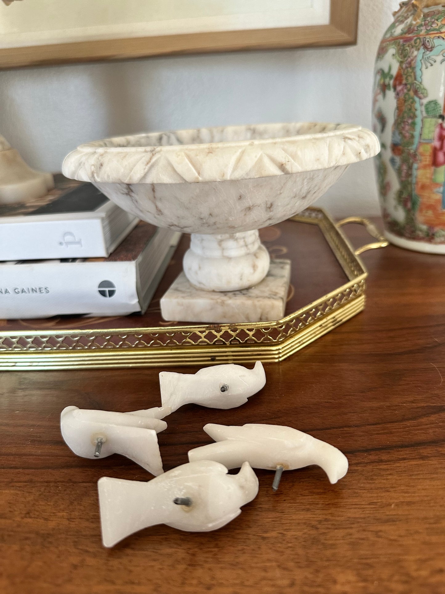 Vintage Alabaster Birdbath with Carved Birds