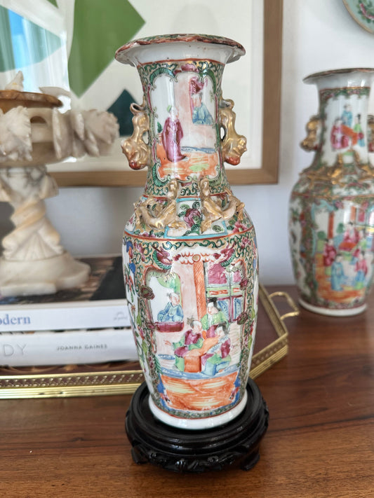 Antique Chinese Rose Medallion Vase with Gilt Handles, 10”