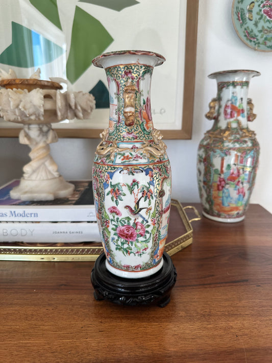 Antique Chinese Rose Medallion Vase with Gilt Handles, 10”