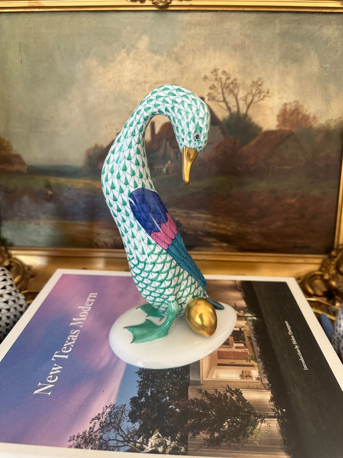 Herend Goose with Golden Egg Green Fishnet Porcelain Figurine Hungary