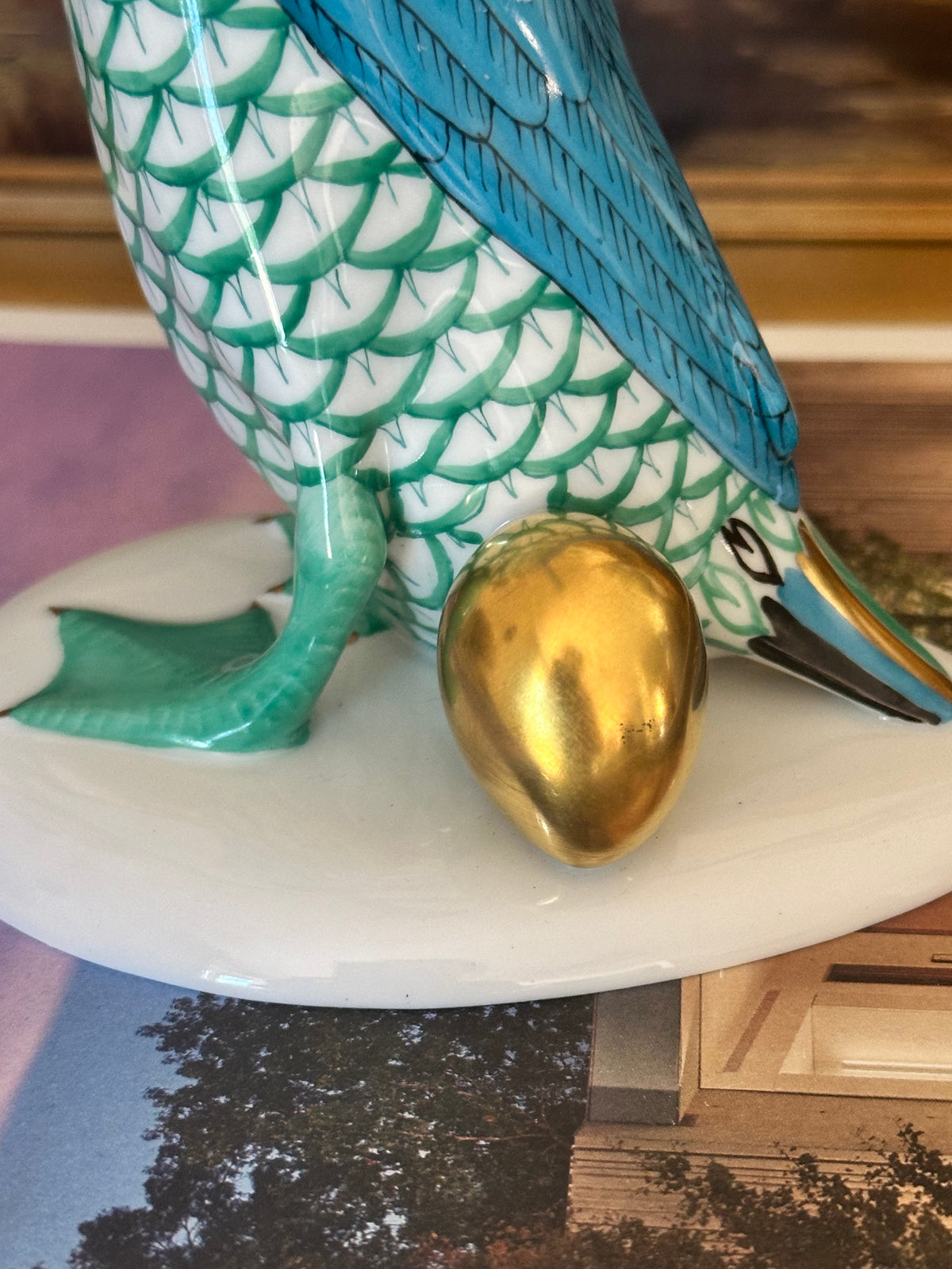 Herend Goose with Golden Egg Green Fishnet Porcelain Figurine Hungary