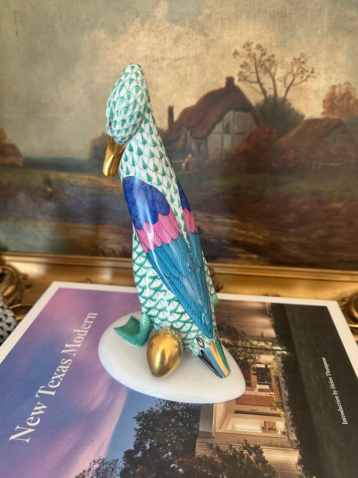 Herend Goose with Golden Egg Green Fishnet Porcelain Figurine Hungary