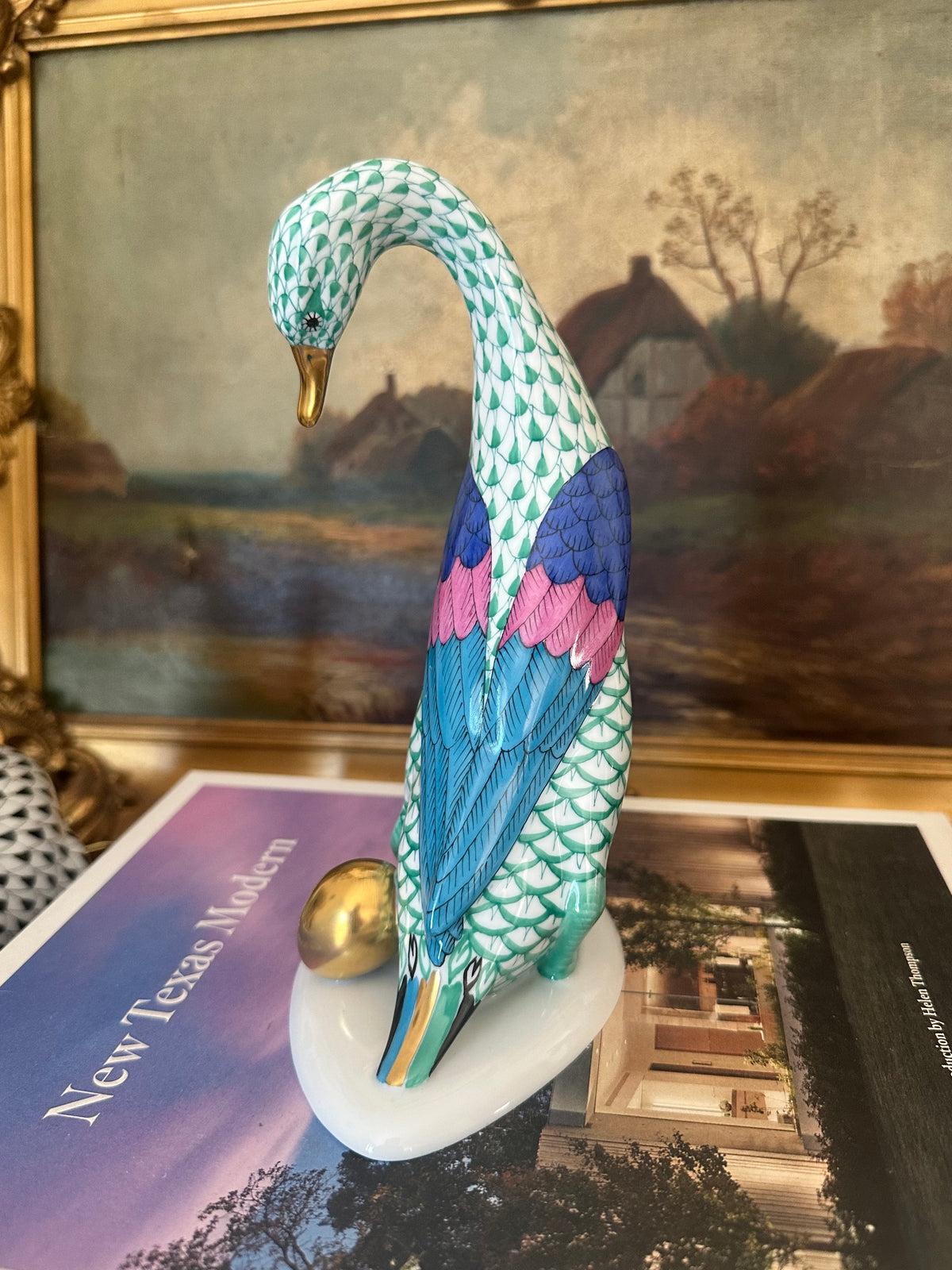 Herend Goose with Golden Egg Green Fishnet Porcelain Figurine Hungary