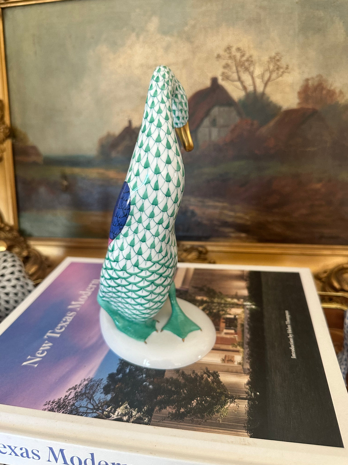 Herend Goose with Golden Egg Green Fishnet Porcelain Figurine Hungary