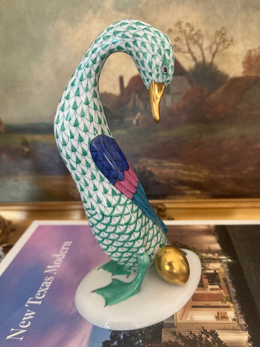 Herend Goose with Golden Egg Green Fishnet Porcelain Figurine Hungary