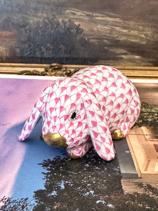 Herend Pink Fishnet Bunny Figurine Handpainted Herend Hungary Porcelain