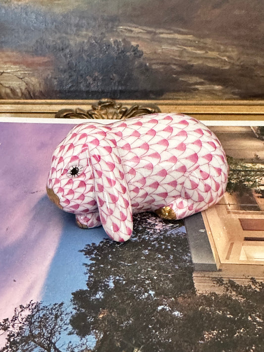Herend Pink Fishnet Bunny Figurine Handpainted Herend Hungary Porcelain