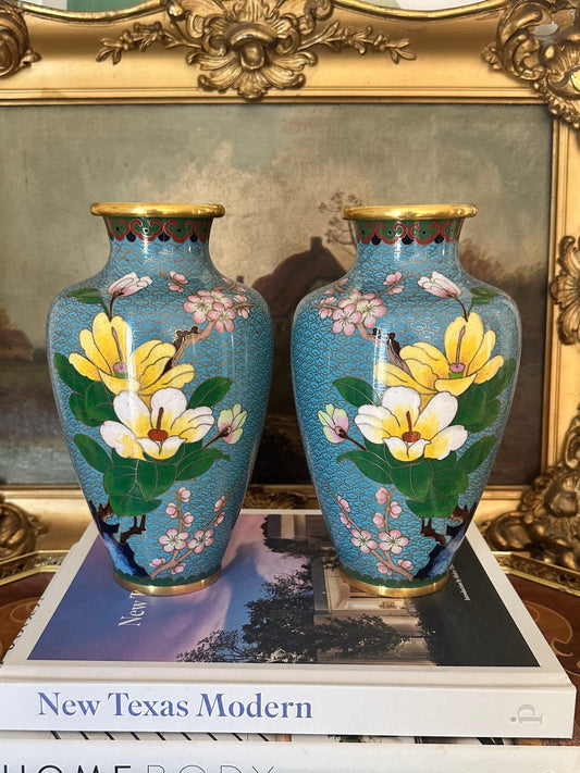 Vintage Cloisonne Vases Turquoise Floral