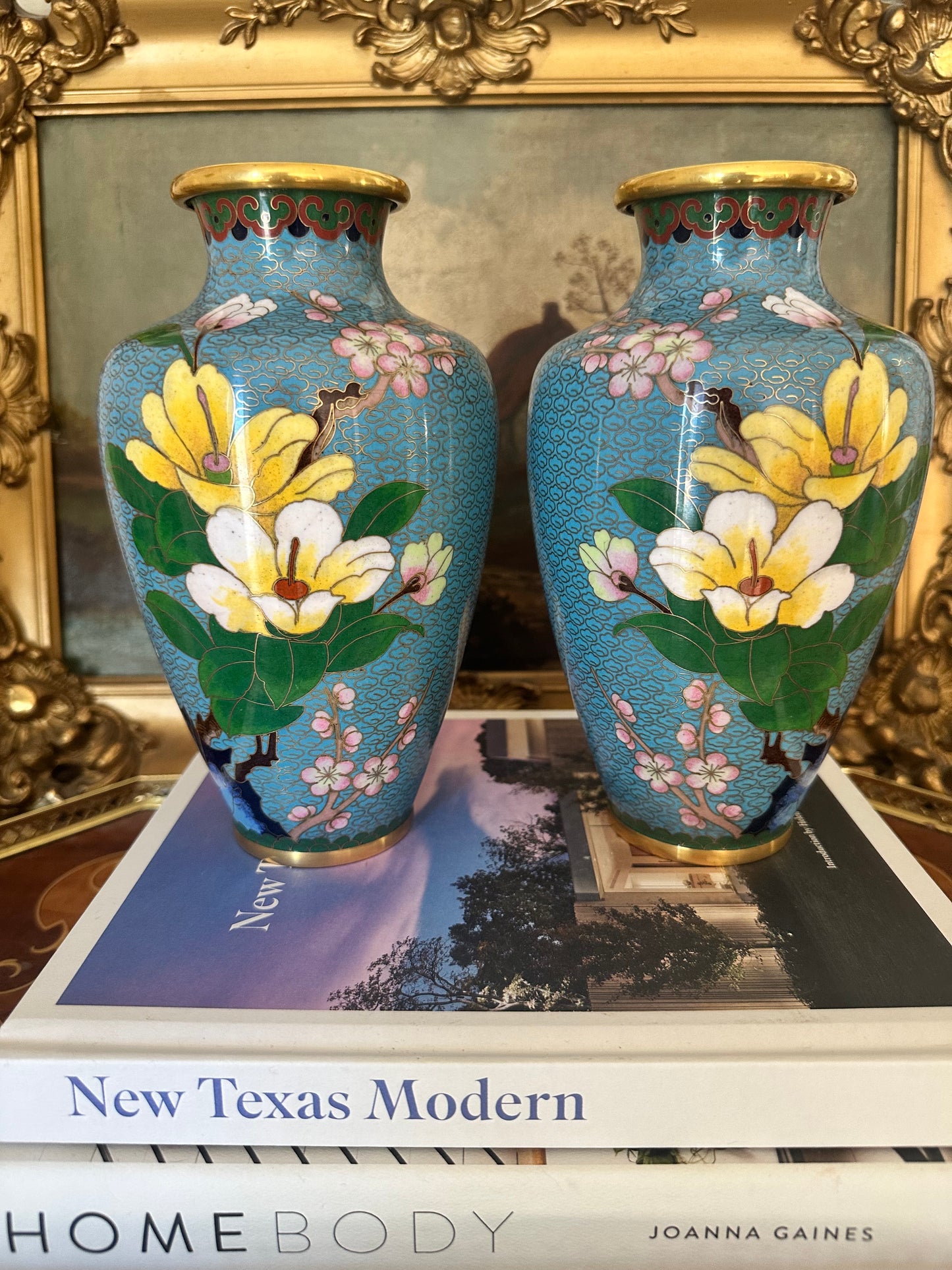 Vintage Cloisonne Vases Turquoise Floral