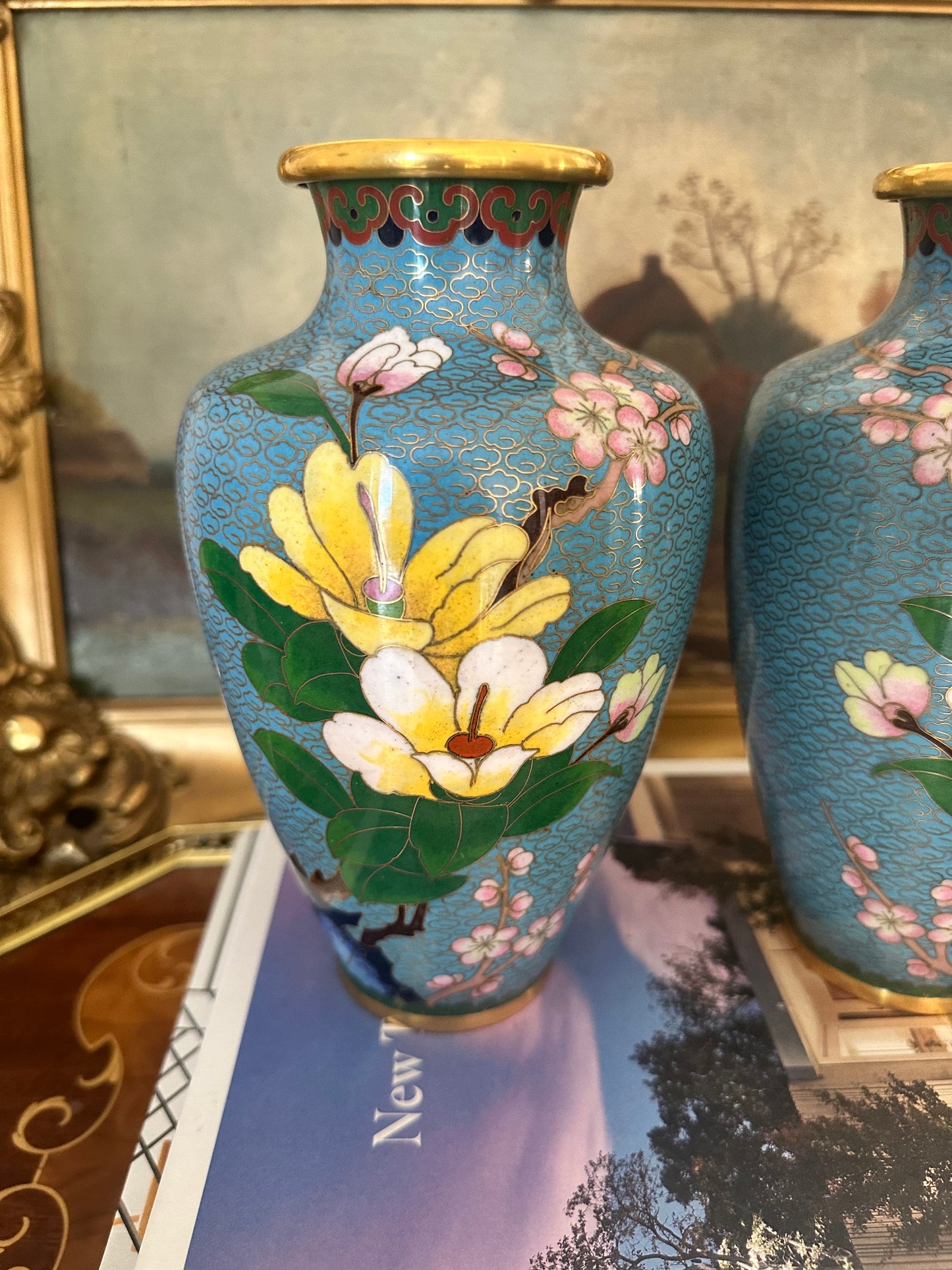 Vintage Cloisonne Vases Turquoise Floral