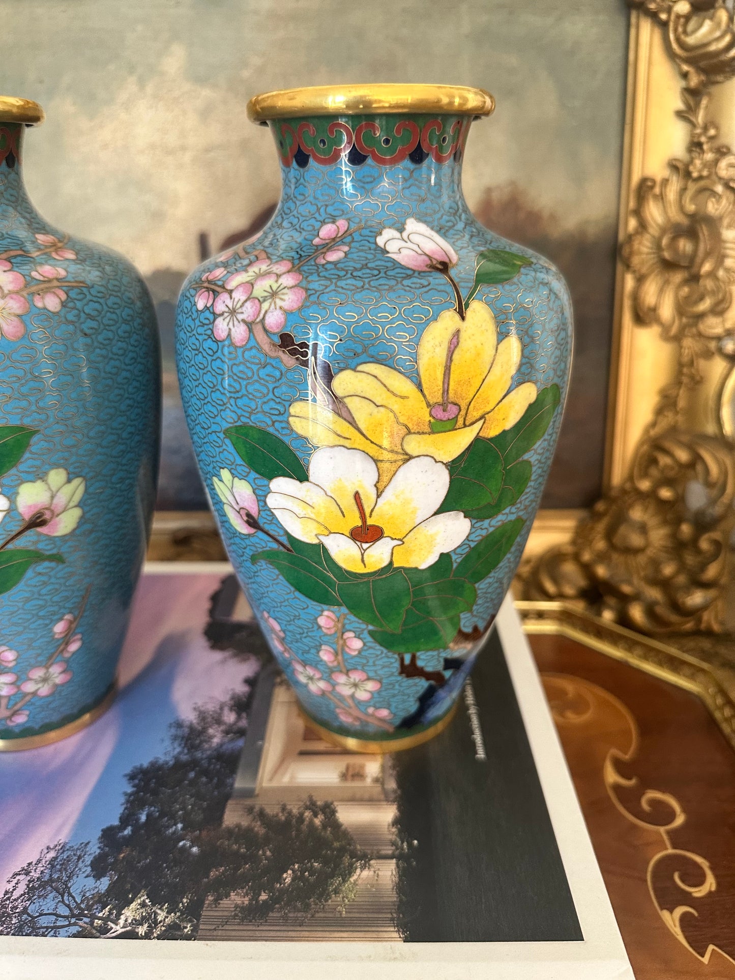 Vintage Cloisonne Vases Turquoise Floral