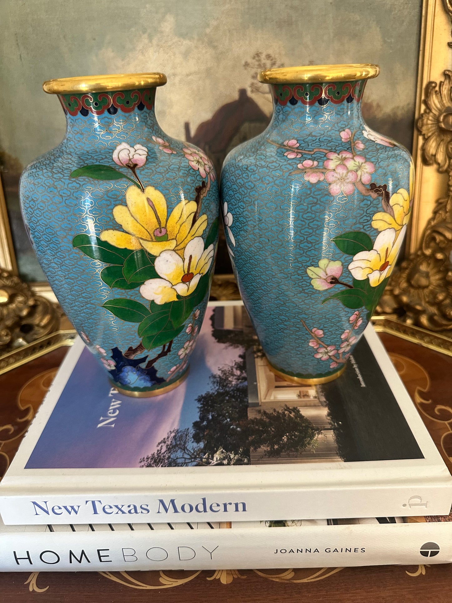 Vintage Cloisonne Vases Turquoise Floral