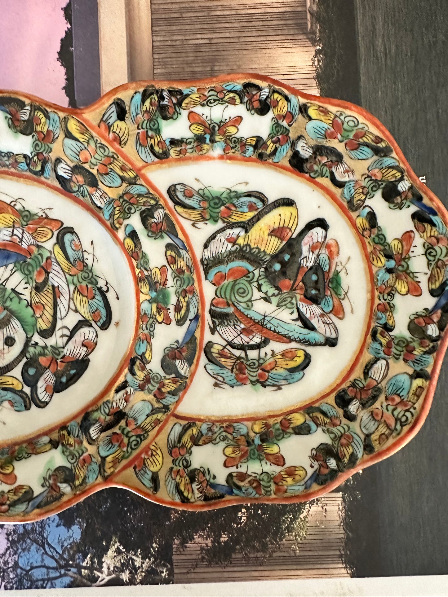 Antique Chinese Thousand Butterflies Double Snack Dish
