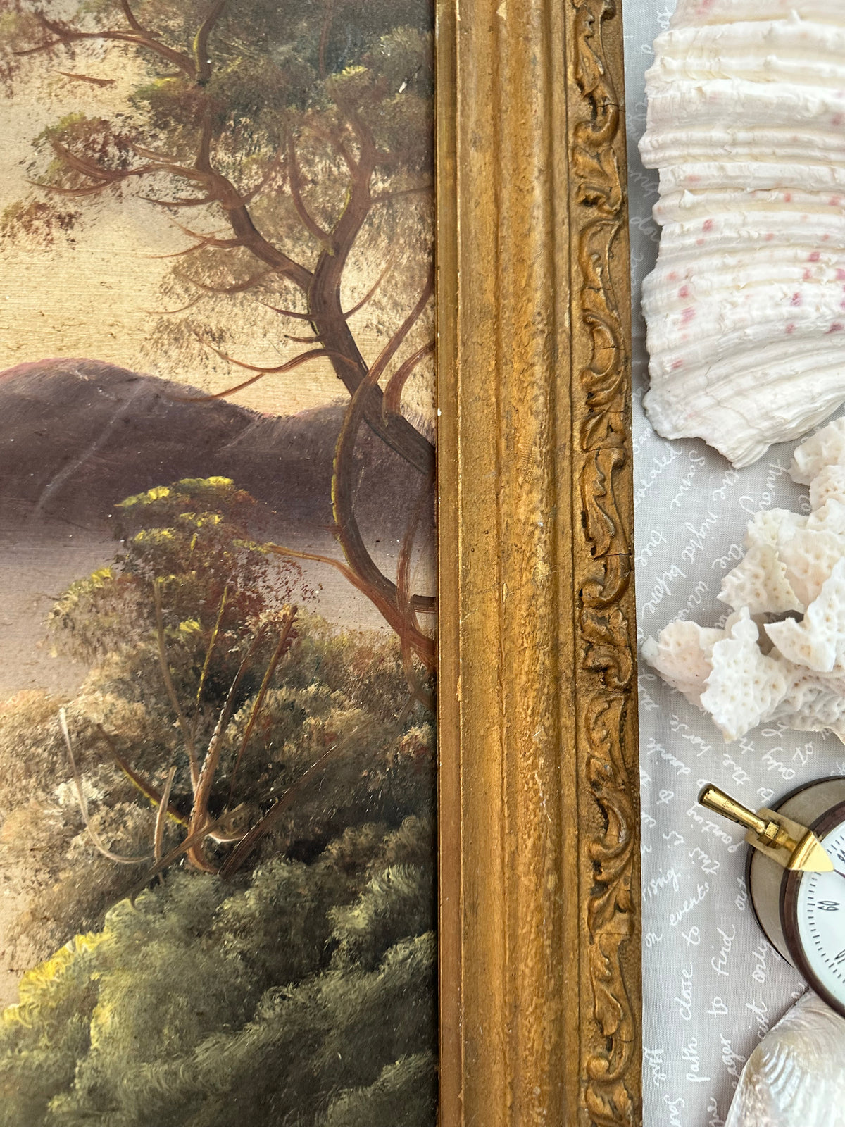Antique European Landscape Painting with Sailboats