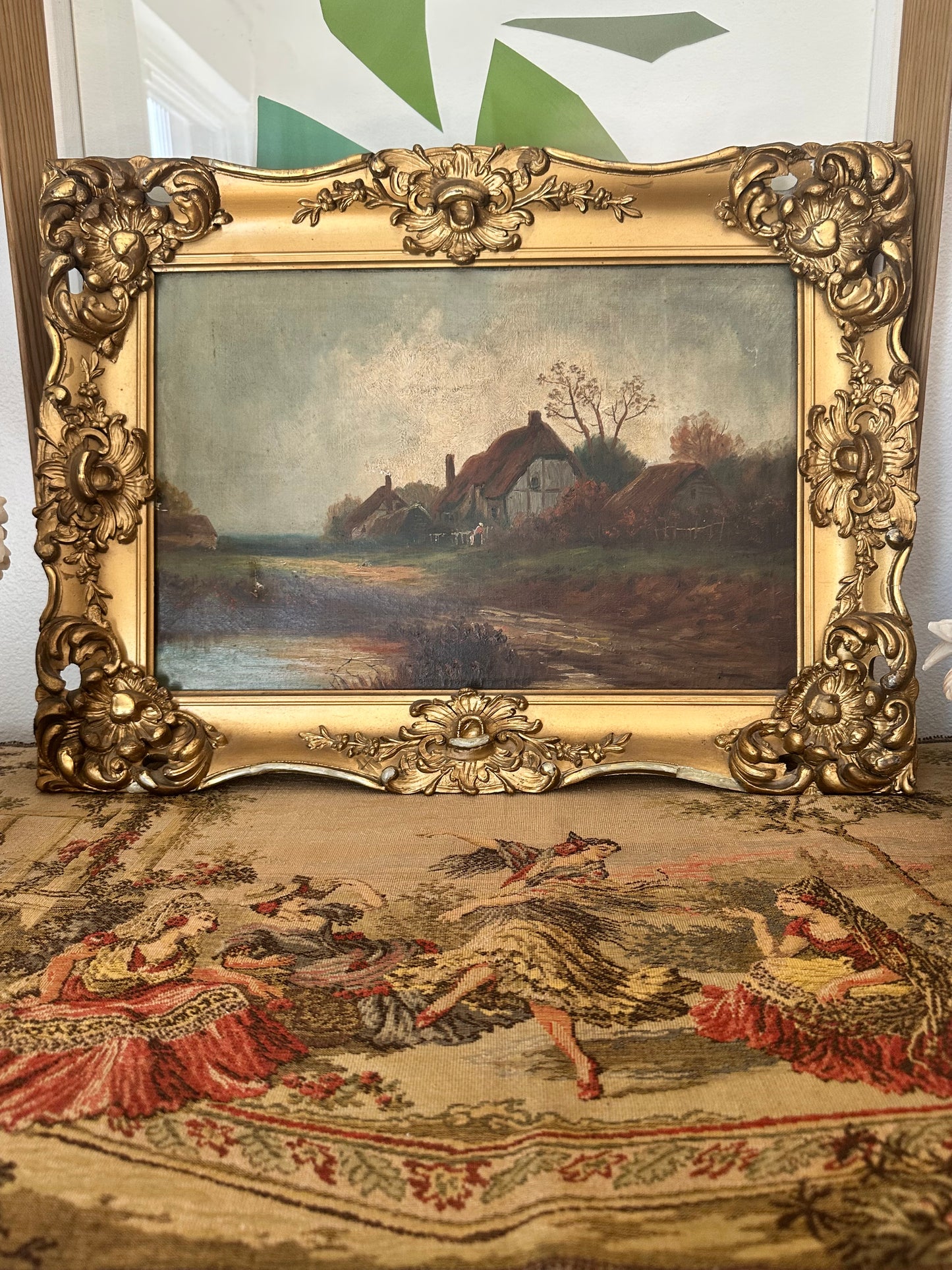 Antique European Pastoral Landscape Oil Painting in Ornate Gilt Frame